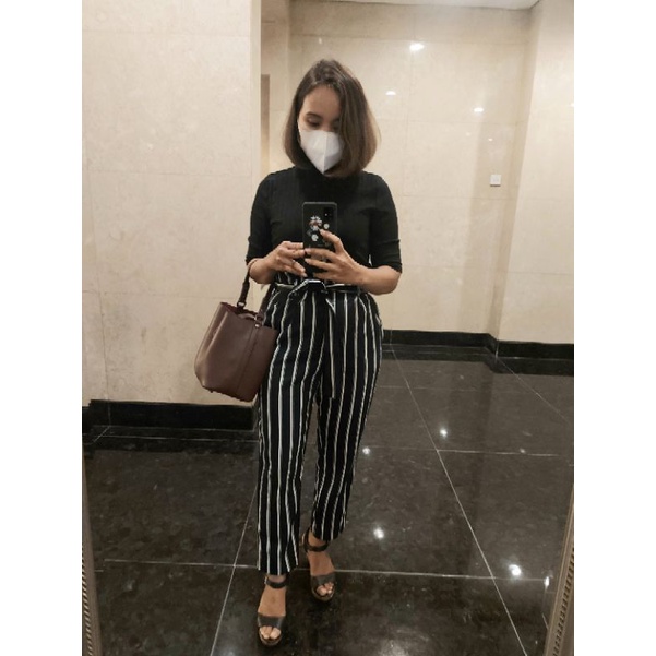 HM01 PAPERBAG HIGH WAIST STRIPE PANTS/CELANA HIGHWAIST