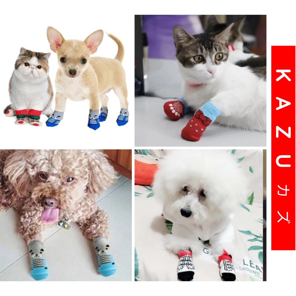 KAZU KPT113 Kaos Kaki Anjing Kucing Pet Dog Cat Socks 4pcs Anti Slip Aksesoris Hewan Peliharaan