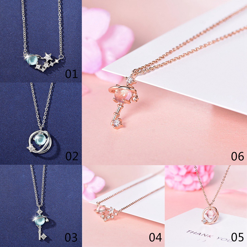 Kalung Liontin Necklace Pink Crystal Planet Pendant Necklaces Women Simple Cute Jewelry Gifts