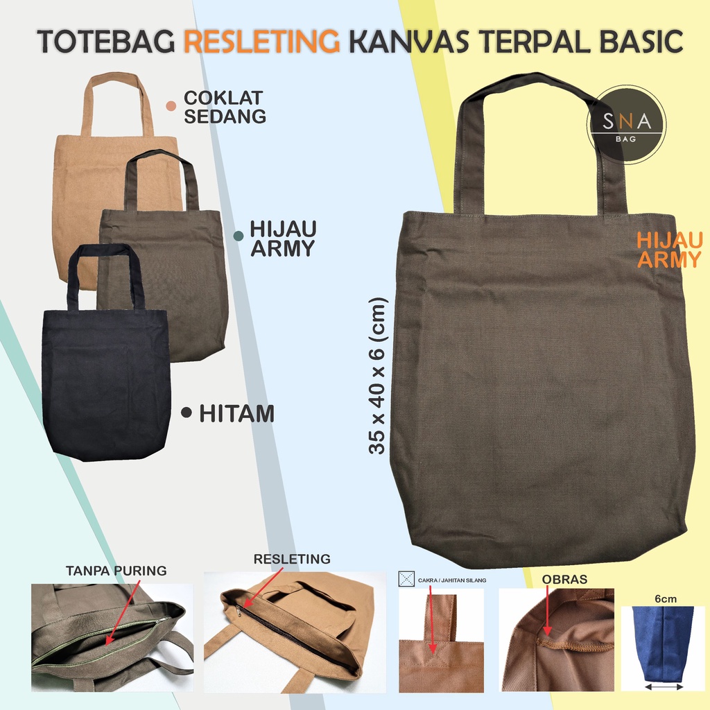 Totebag Kanvas Terpal Tebal Polos Resleting