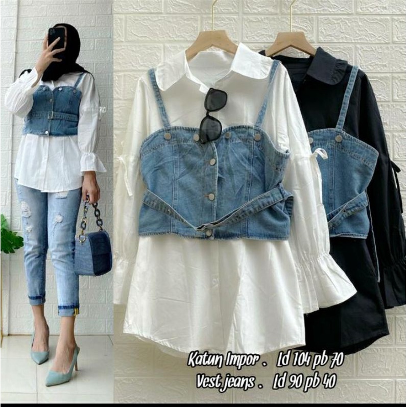 kemeja set rompi jeans