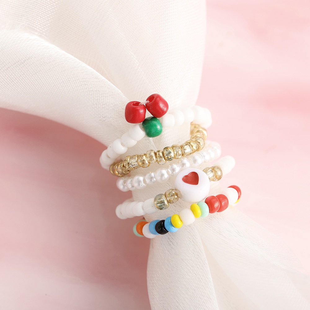 5Pcs/set Korean Fashion Beads Ring Set Ins Colorful Cherry Heart-shaped Rings Women Jewelry Accessories