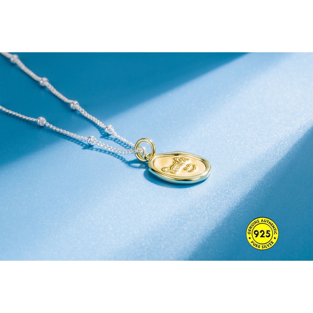 Kalung Rantai Lapis Emas 18K Dengan Liontin Oval Motif Smiley Face Untuk Wanita