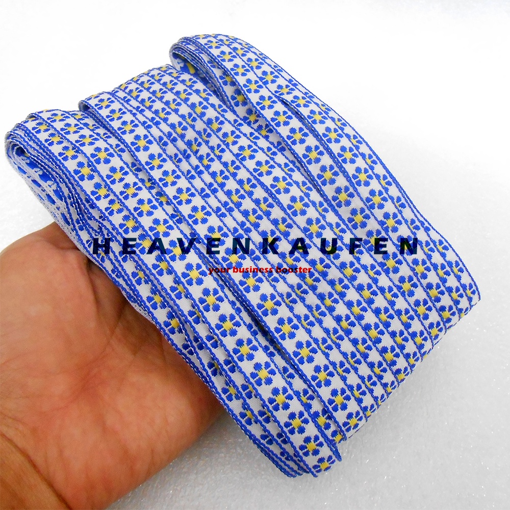 Pita Renda Lebar 1 cm Motif Bunga Biru - Kuning Per Rol isi 22 Meter Renda Tepi Mukena Taplak Dll