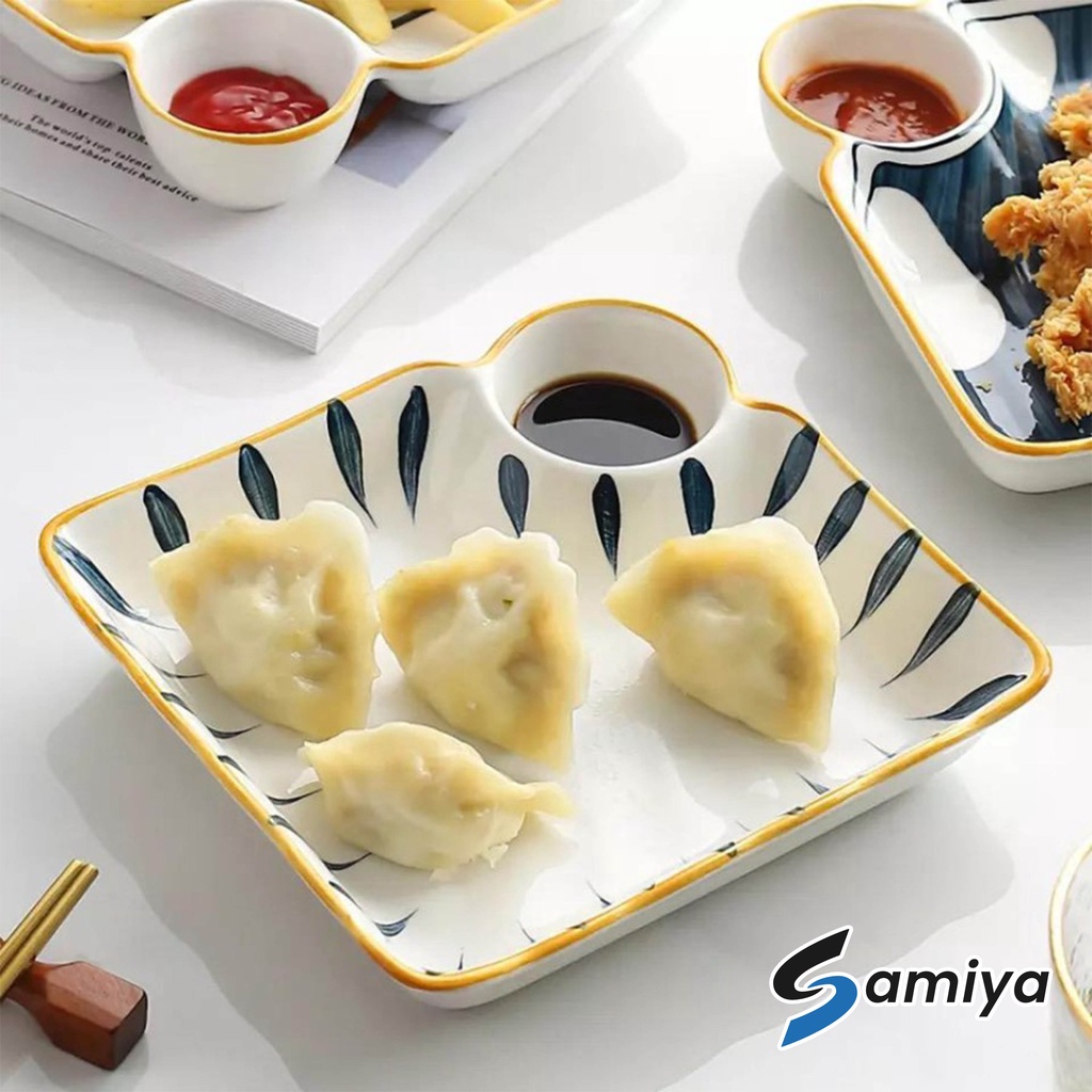 ceramic dumpling plate unik 2in1 / piring makan kecil tempat saus kecap snack dimsum siomay sushi