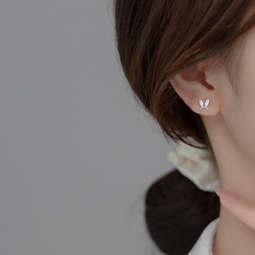 Sederhana perak sterling s925 Anting Pejantan Telinga Kelinci Zirkon Berlian kristal Emas Perhiasan Fashion Wanita Earrings