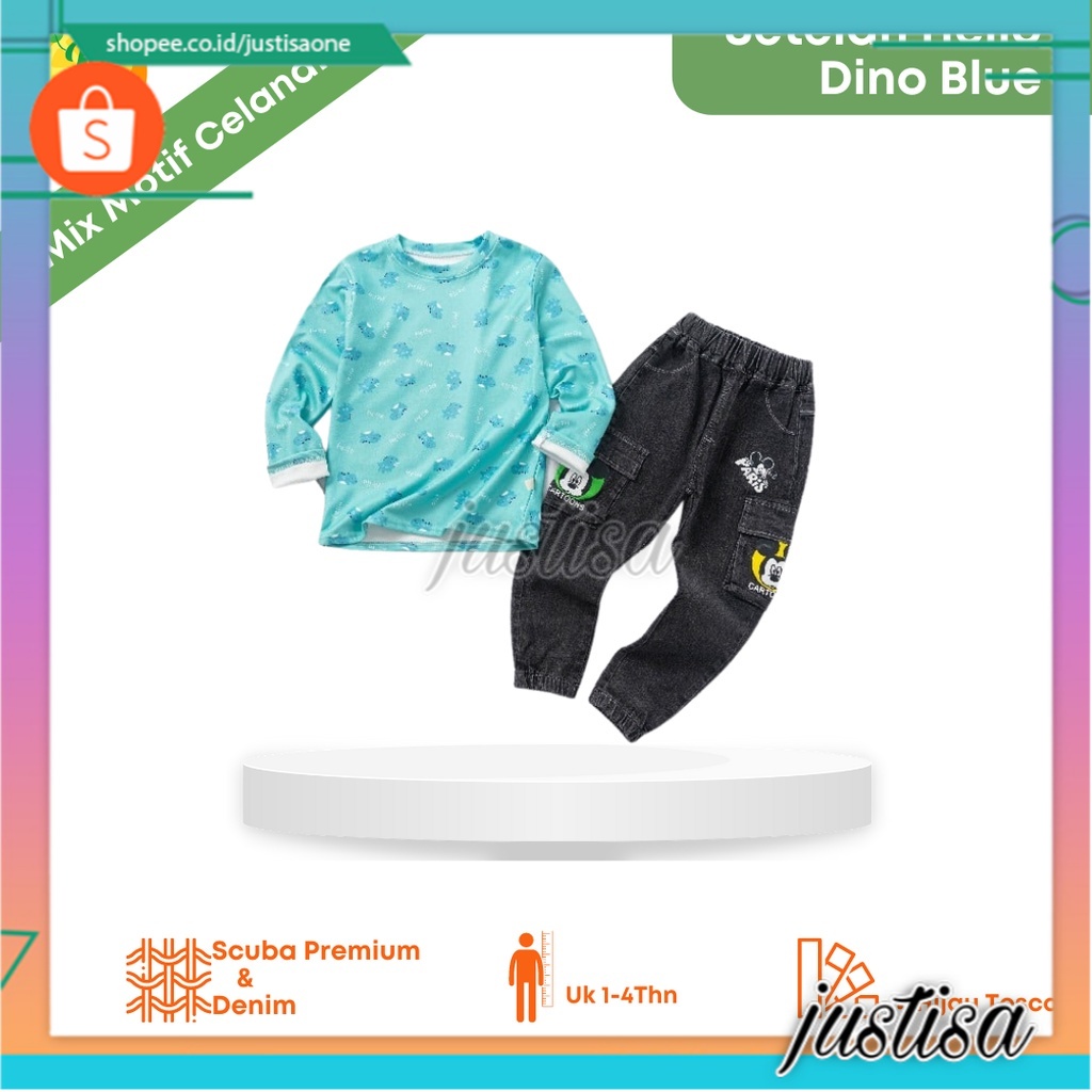 Promo !! Setelan anak laki-laki / setelan hello dino blue ukuran 1-4tahun / Setelan baju anak import