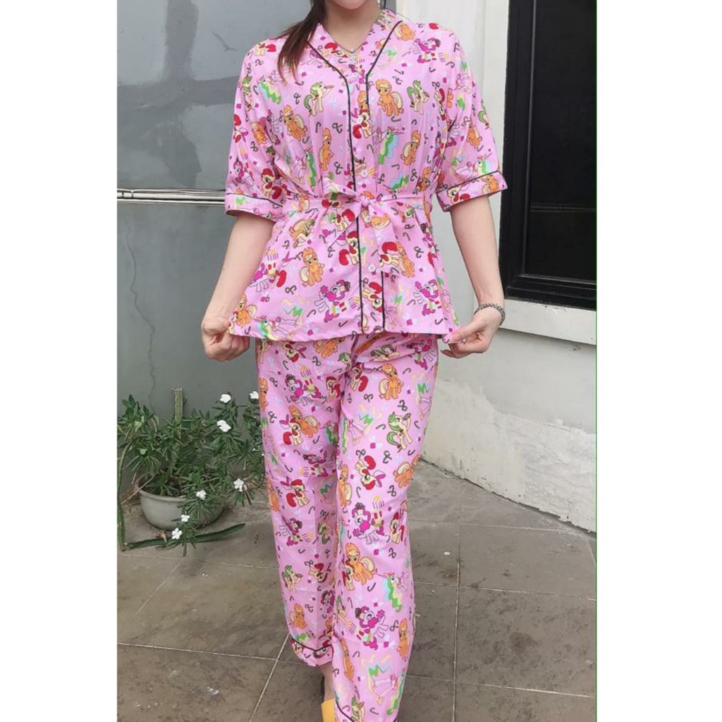 JNV Setelan Kimono CP Wanita Motif Karakter Kartun - Baju Tidur Kimono Lengan Pendek - Bahan Katun-Pony Gift Pink