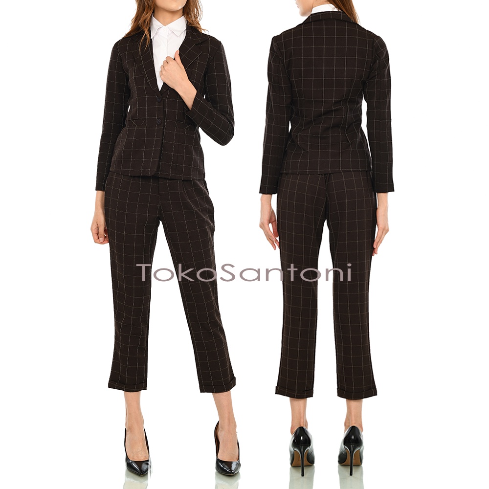 Setelan Blazer Set Wanita Motif Kotak