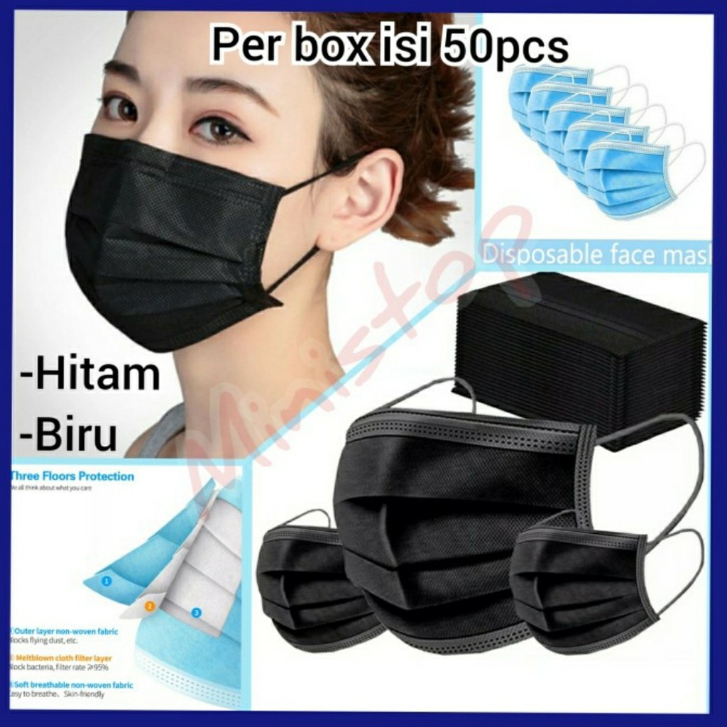 MASKER HITAM  ISI 50pcs EARLOOP | DISPOSABLE PROTECTIVE MASK