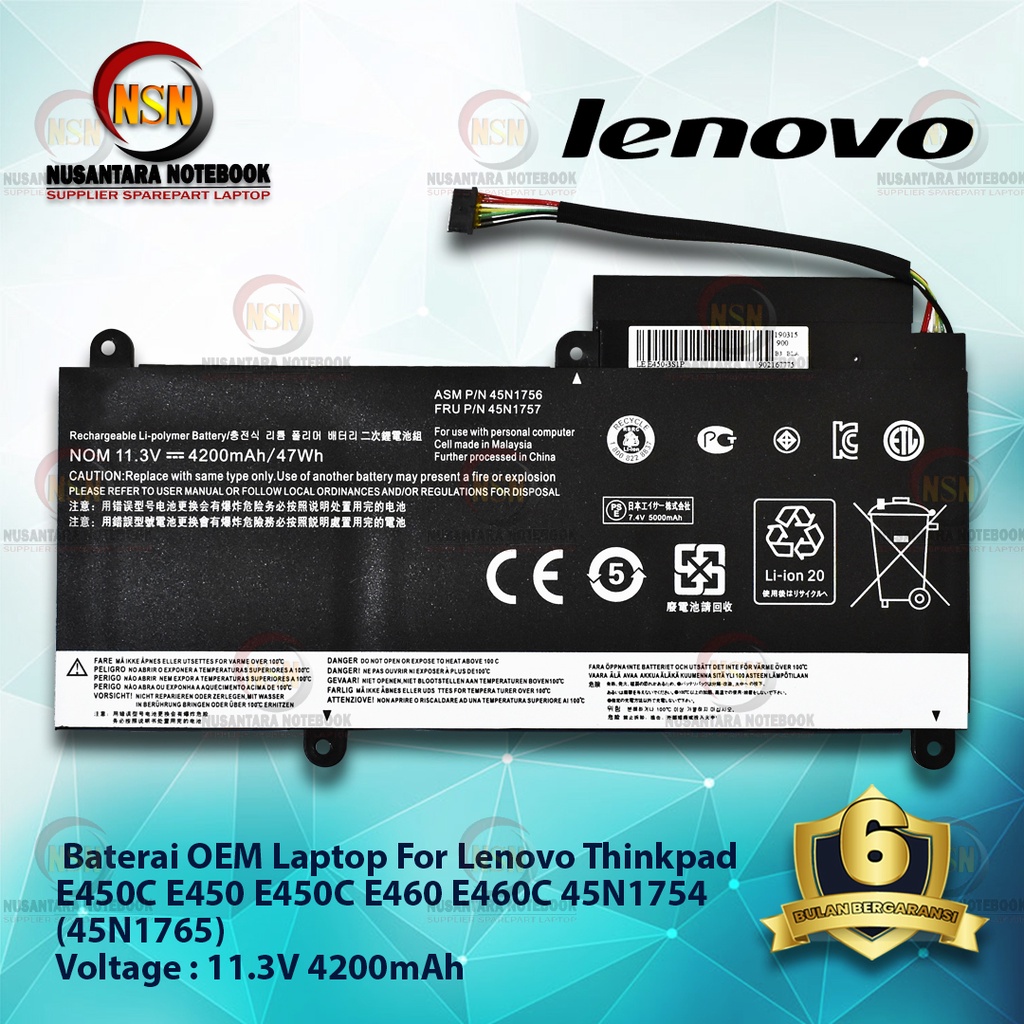 Baterai OEM Laptop For Lenovo Thinkpad E450C 45N1765 11.3V 4200mAh