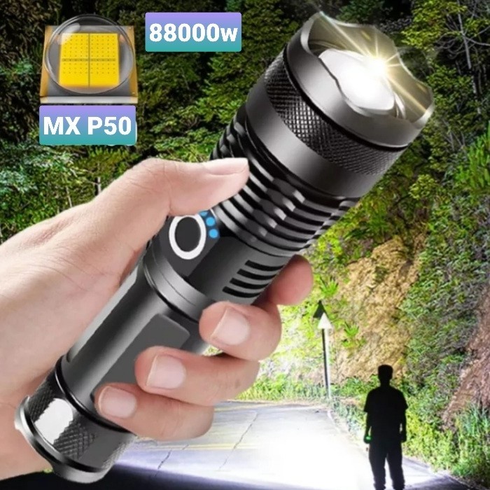 Paket lengkap Senter LED Tactical 200000 Lumens Xhp 50 -  Kualitas Cahaya Super Terang