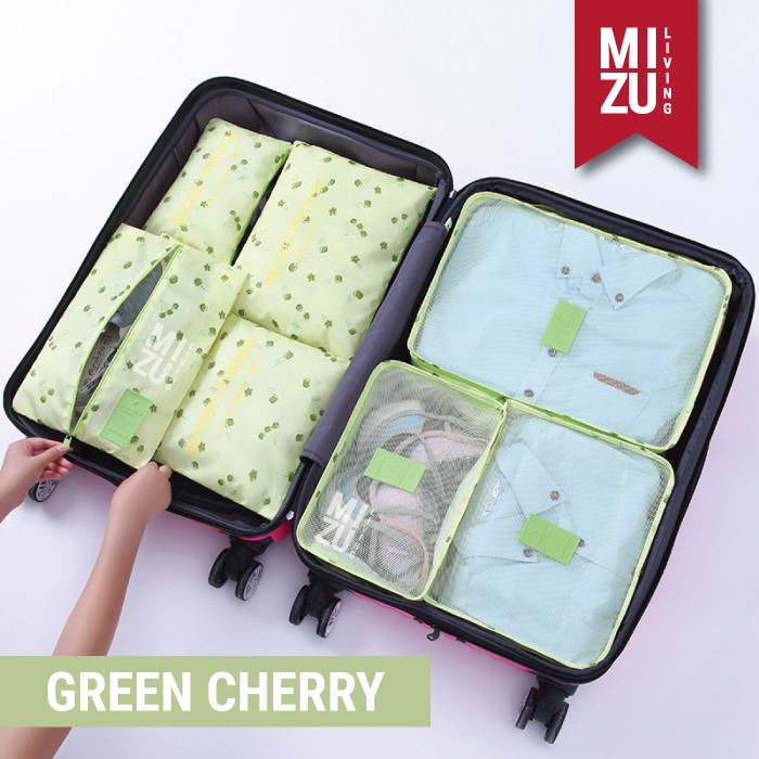 SECRET POUCH Travel Packing Cubes 7in1 Storage Bag Organizer Tas Koper MOTIF-GREEN Cherry