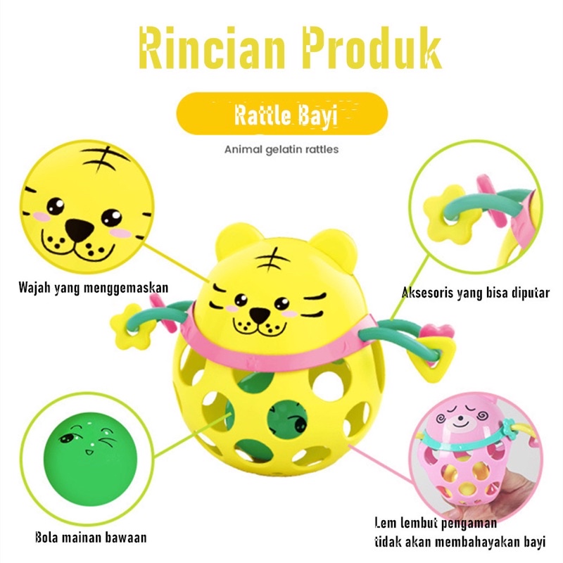 Mainan rattle bayi /mainan bola karet lembut kartun gigitan