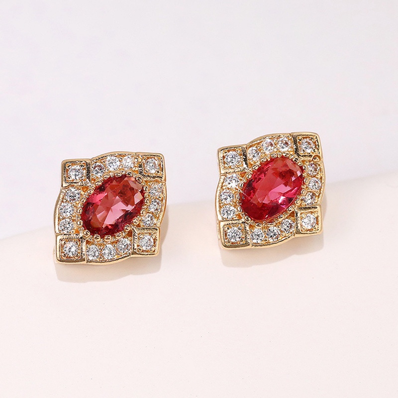 Anting Stud Cubic Zirconia Warna Merah Gaya Vintage Untuk Wanita