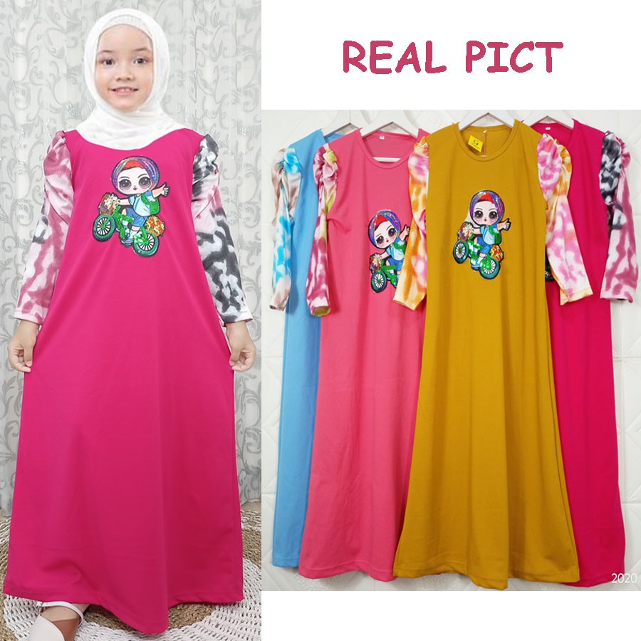 DRESS ANAK LENGAN KERUT TIE DYE GAMIS GAMBAR ANAK SEPEDAAN GL FASHION