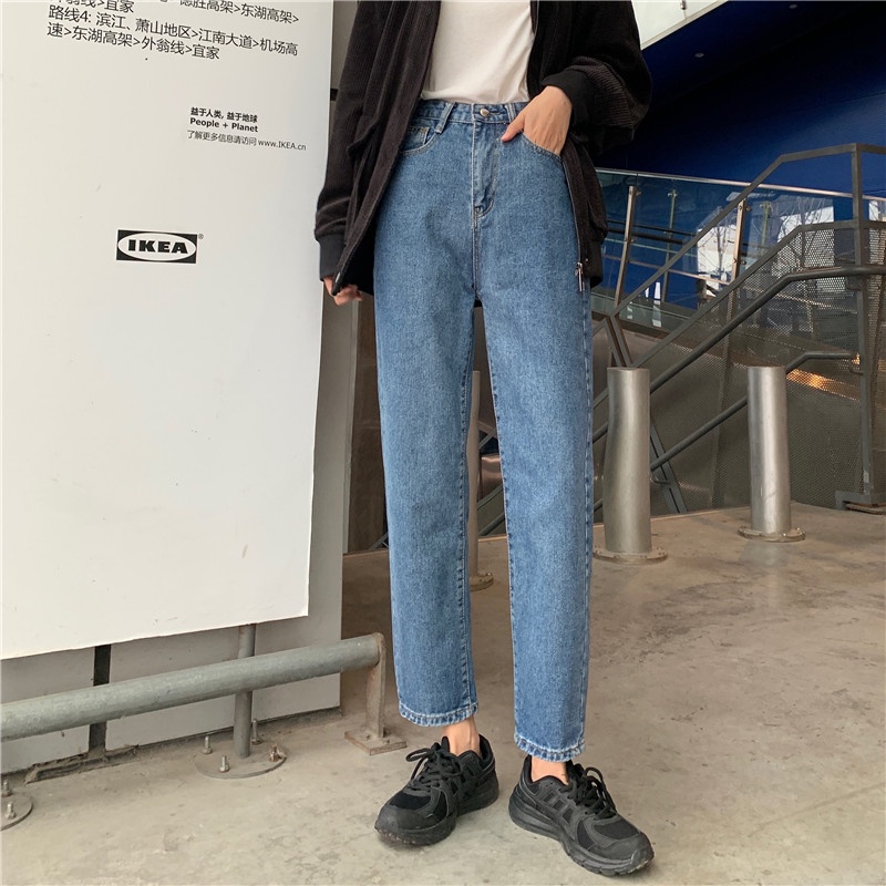 2 warna Jeans celana cropped denim straight pants fashion Korea style wanita