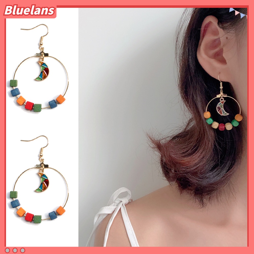 Anting Kait Gantung Wanita Bahan Kayu Desain Geometri + Bulan Sabit Untuk Pesta / Hadiah