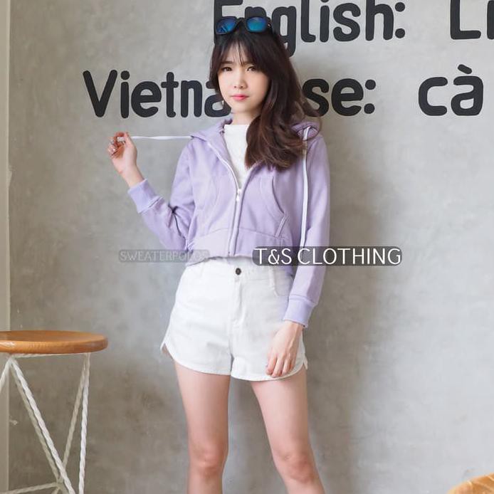 JAKET CROP HOODIE UNGU MUDA WANITA FASHION TOP