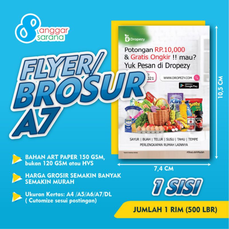 

Brosur/Flyer Custom Bahan Art Paper 150 gr 1 Sisi Ukuran A7 1 rim (500 lembar)