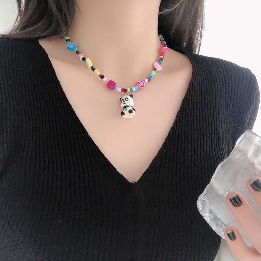 [Elegan] Korea Liontin Kalung Trendi Elegan Warna Permen Adjustable Manik-Manik Rantai Panda Senyum Wajah Kalung