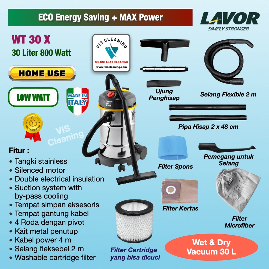 Vacuum Cleaner 30 L Low Watt High Power - Lavor WT 30 X