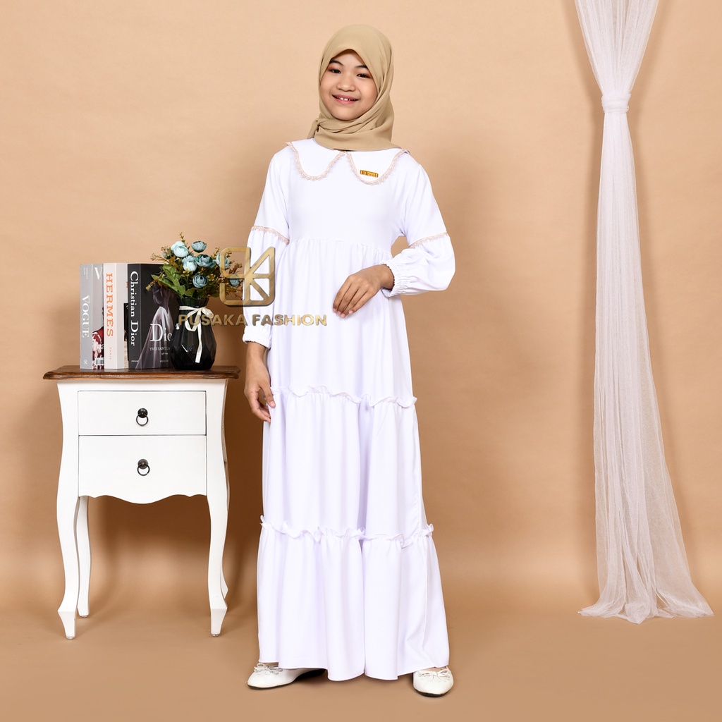 NAYLA kids gamis anak muslim perempuan tanggung long dress serut susun kid wanita anak usia 4 5 6 7 8 9 10 11 12 13 14 tahun warna putih tulang bw hitam lilac wardah dusty pink fashion muslim anak pesantren  ngaji manasik haji maulid nabi sekolah agama