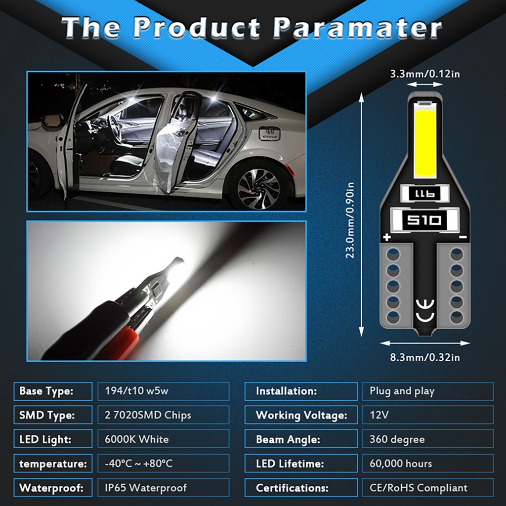 Lampu Led T10 W5W 194 12929 6000k 12v Untuk Interior Mobil Honda Toyota