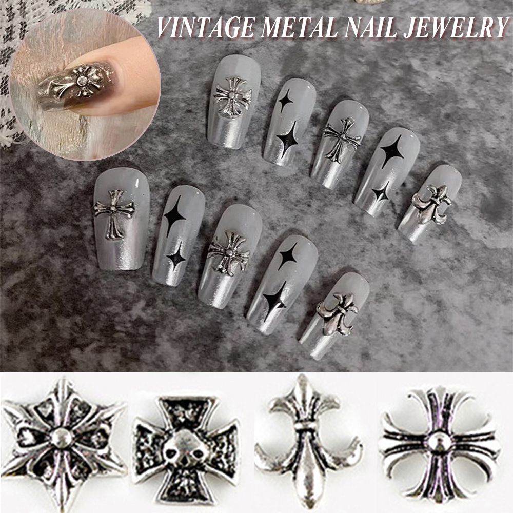 MXBEAUTY Mixed Cross Metal Rivet Silver DIY Nail Art Decorations 3D Nail Rivets Gold Charm Manicure Accessories 50Pcs/Pack Punk Style Vintage Nail Studs Jewelry/Multicolor