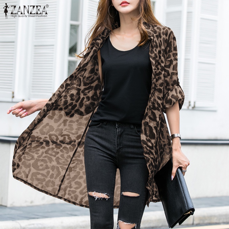 ZANZEA Women Sheer Mesh Long Sleeve Leopard Printed Casual Cardigan