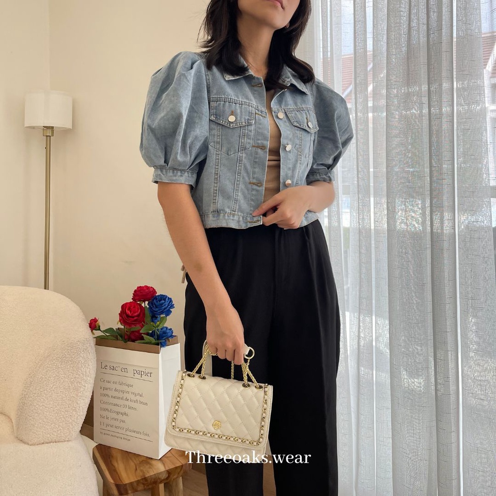 HYACINTH JAKET JEANS CROP PREMIUM IMPOR DENGAN TANGAN BALON SUPER KOREAN STYLE