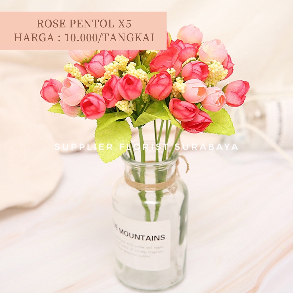 BUNGA ROSE PENTOL 1 TANGKAI BERCABANG 5, 1 CABANG ISI 3 KEPALA, TOTAL 15 KEPALA ARTIFICIAL FLOWER ARTIFISIAL FLOWER BUNGA PALSU PEMANIS BUKET BUNGA