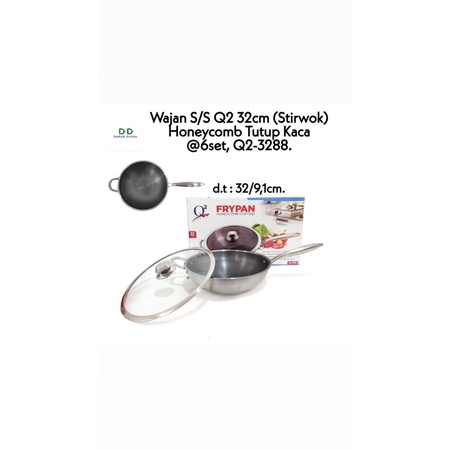 Wajan stainless stirwok Q2 honeycomb 32cm tutup kaca