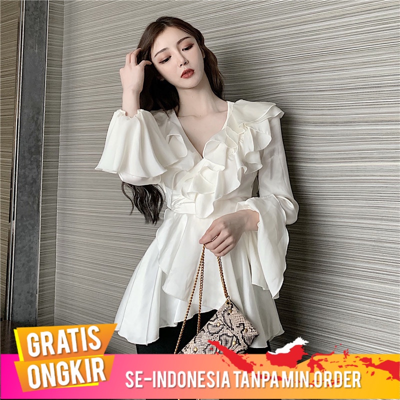 Pakaian Wanita 2021     Retro  Mengacak-acak ikat Rasa Desain Super Fairy V-Leher lengkapi Pinggang 