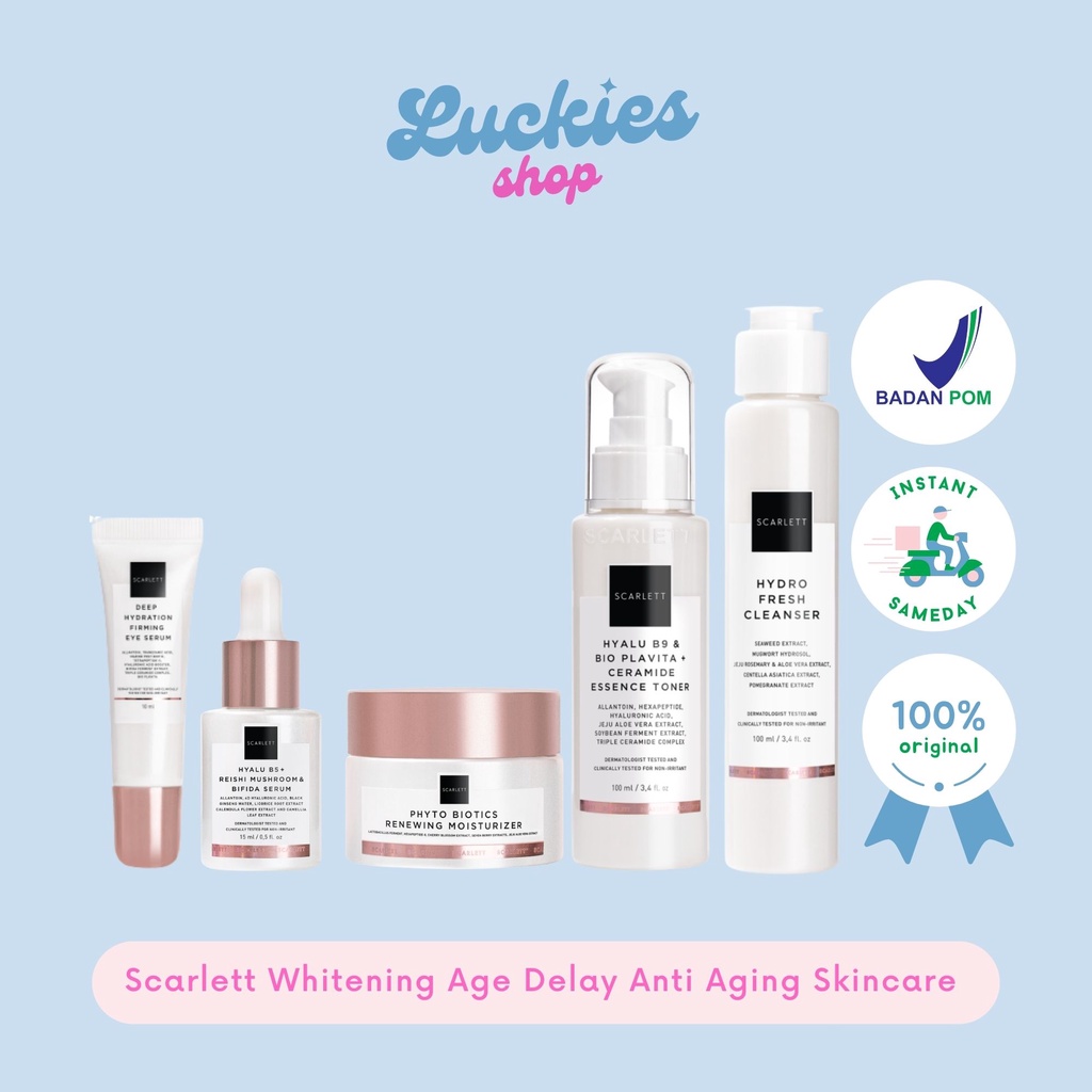 Scarlett Whitening Age Delay Anti Aging Skincare Deep Hydration Firming Eye Serum Phyto Biotics Renewing Moisturizer Hyalu B5 + Reishi Mushroom &amp; Bifida Serum Hyalu B9 + Bio Plavita &amp; Ceramide Essence Toner Fresh Cleanser