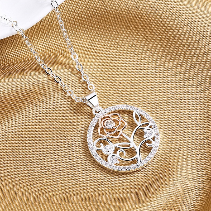 Kalung Rantai Sterling Silver 925 Dengan Liontin Bunga Mawar Bulat Untuk Wanita