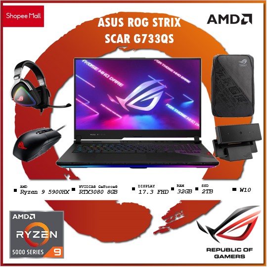 ASUS ROG STRIX SCAR G733QS - RTX3080 8GB 300Hz Ryzen 9 5900HX 32GB 2TBssd  W10+OHS 17.3FHD