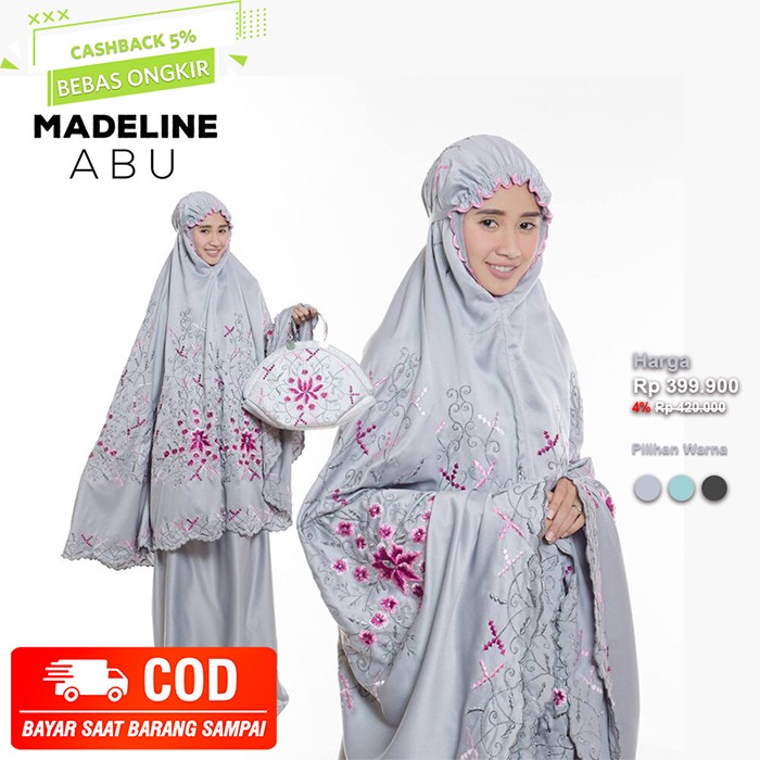 Mukena Dewasa Madeline Satin Bordir Bunga Adem Bonus Tas Sajadah