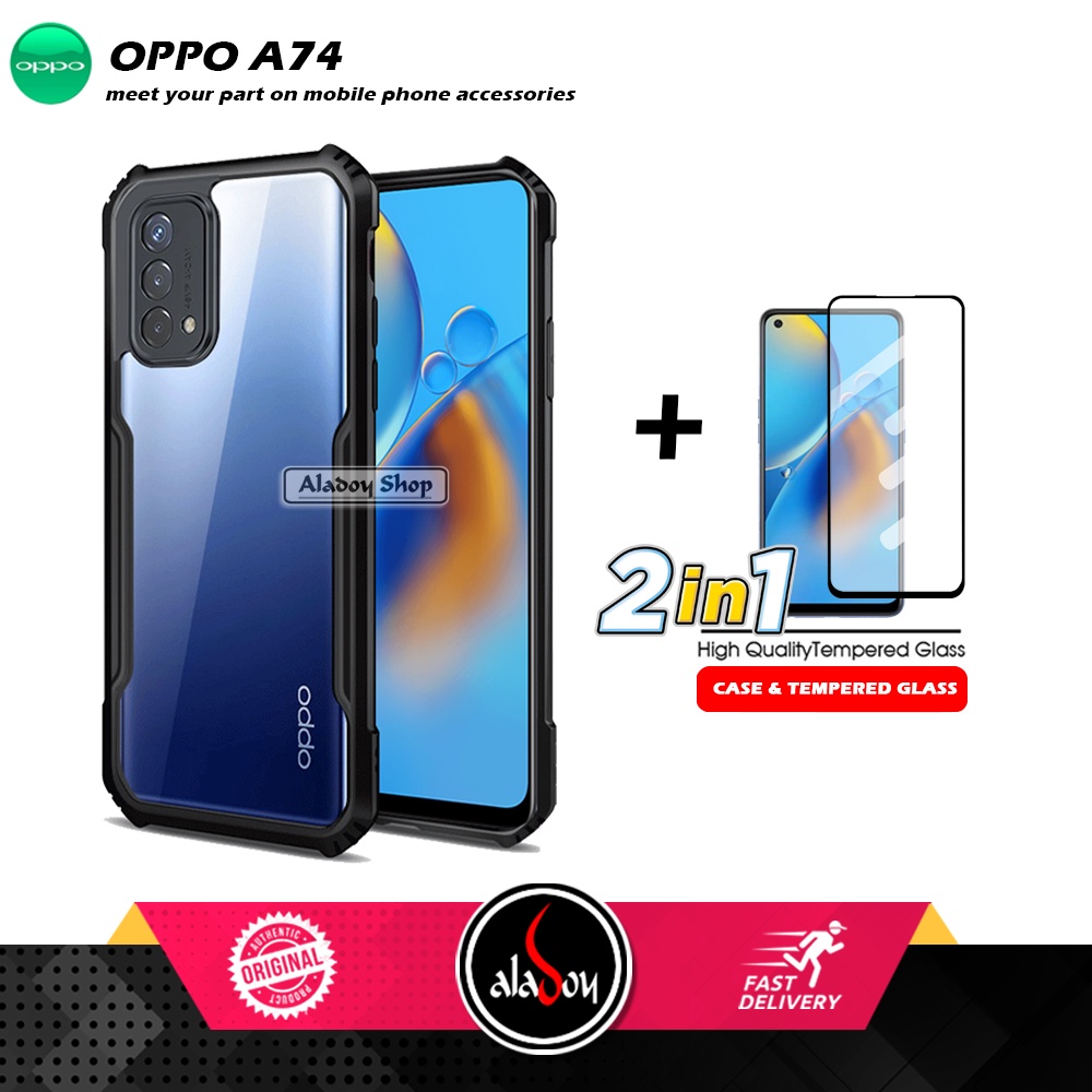 PAKET 2 IN 1 Case Oppo A74 Armor Fusion Transparent Prmium Casing Free Tempered Glass