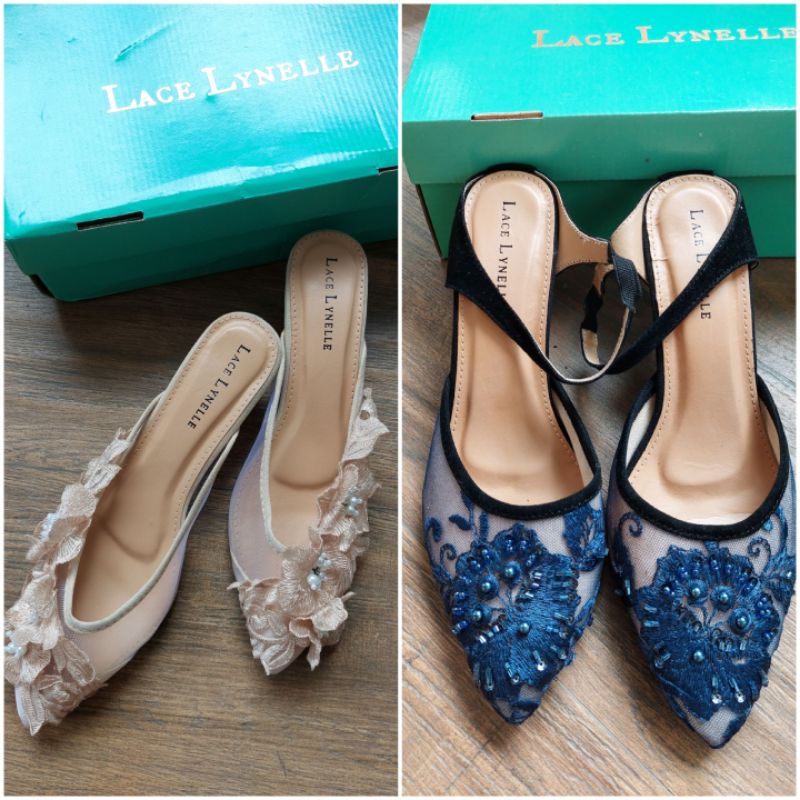 Preloved like new sepatu wanita MULES shoes LACE LYNELLE YESSY NUDE NavY (hanya 1x pakai) harga baru