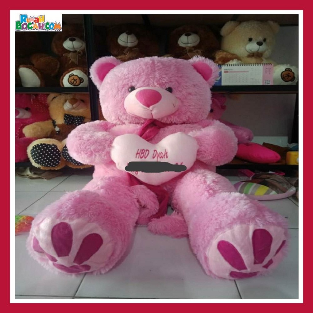 Boneka Bear Beruang Syal Telapak Pink Jumbo Besar 1,2 Meter Ukir Nama Ucapan Cetak Foto untuk Kado U