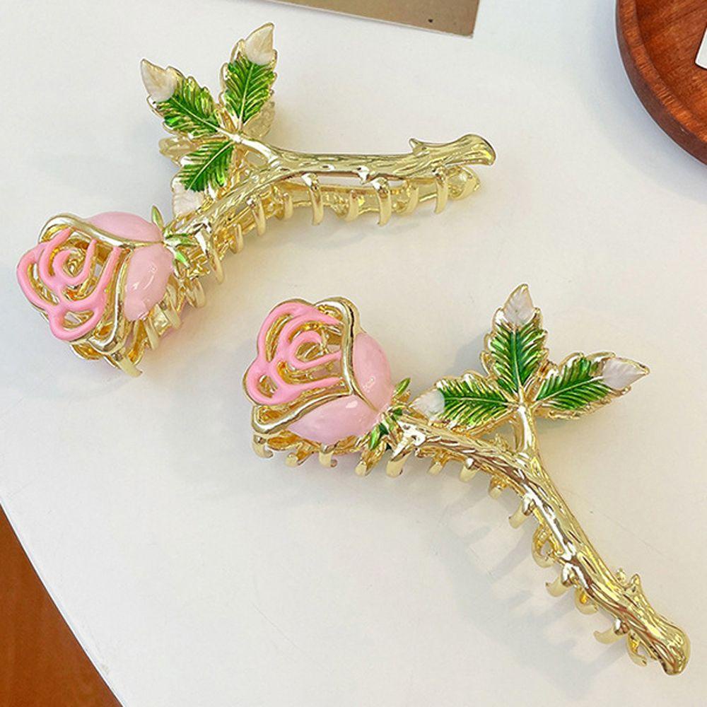 Needway   Female Hair Claw French Luxury Pink Daun Headdres Peri Mawar Hiu Klip