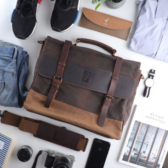 tas selempang kantor laptop pria wax canvas kulit asli ishiya agate 