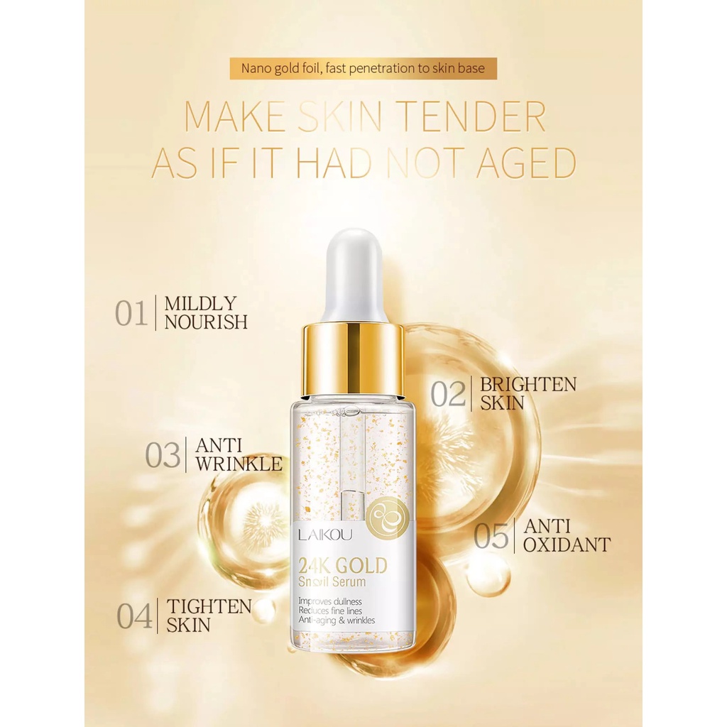 [ COD ] Laikou Snail Serum 24K Gold Esens Siput Emas Menghilangkan keriput Wajah &amp; Meremajakan kulit