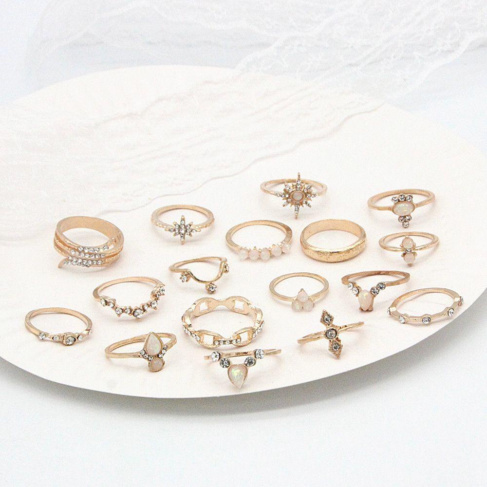 Nanas 17pcs/Set Cincin Set Perhiasan Pernikahan Mutiara Kristal Bohemian