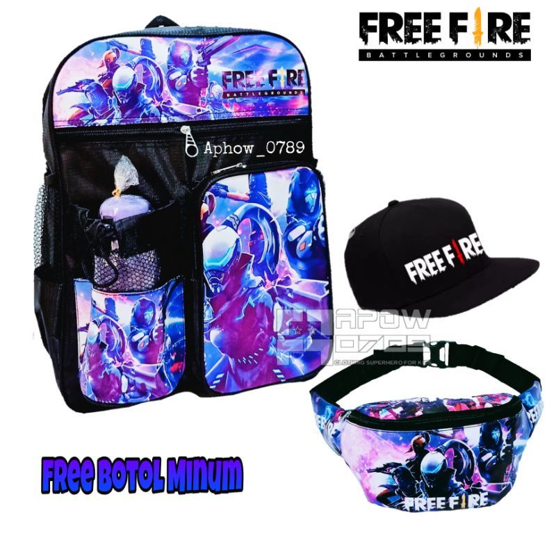 Paket 3in1 Tas ransel sekolah anak Motif FREE fire / Bonus Waistbag dan topi