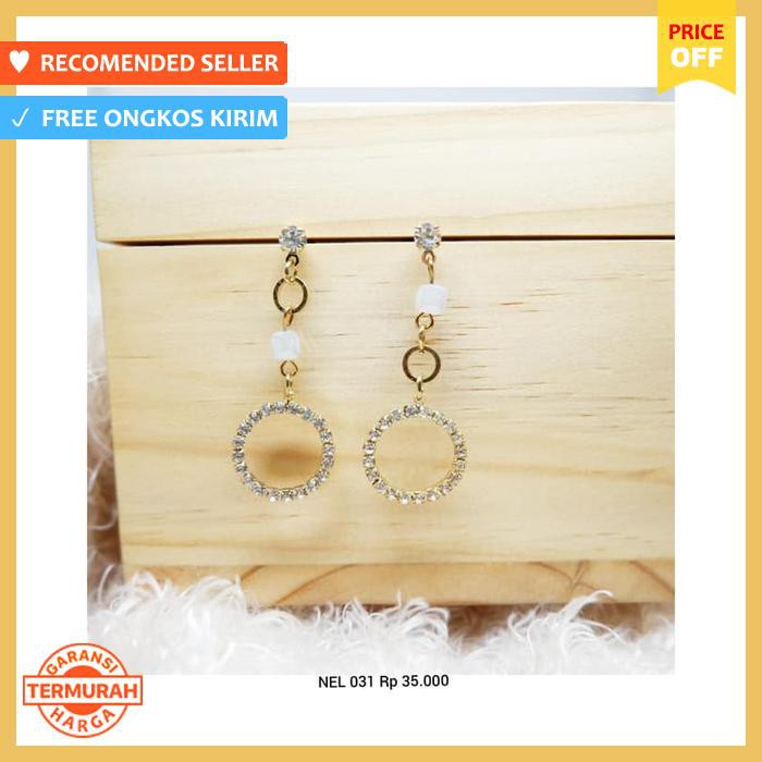 ANTING FASHION WANITA PANJANG BULAT KOTAK MUTIARA MATA EMAS NEL 031