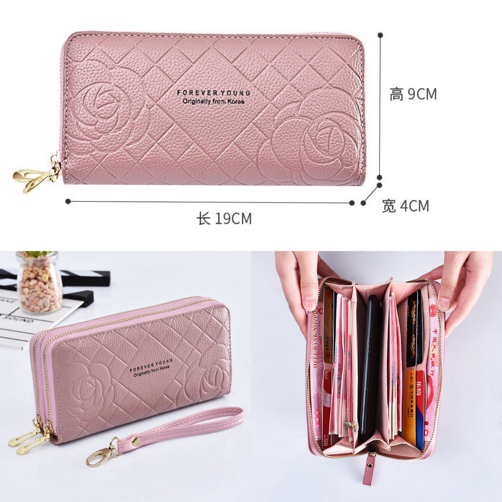 DOMPET PANJANG WANITA 2 RESLETING PREMIUM PESTA PINK BUNGA PORTALE WA477P3 MUAT HP TALI KARTU PENDEK IMPORT SLOT UANG KOIN CEWEK KEKINIAN BRANDED MURAH KOREA