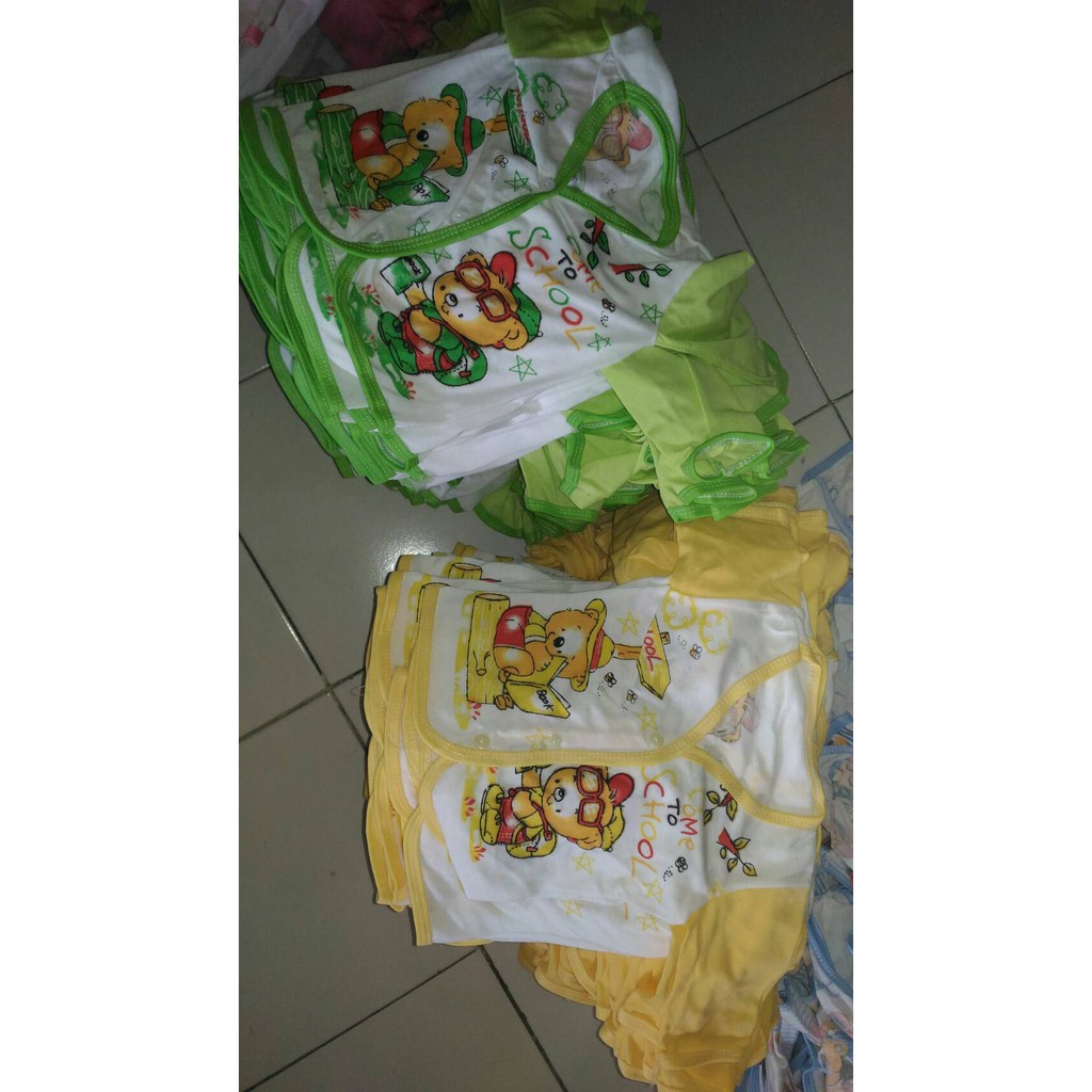 SETELAN PENDEK PUTIH POLA KOMBINASI 1 LUSIN / Setelan Baju Pendek + Celana Pendek Kancing Sablon Warna [700gr]