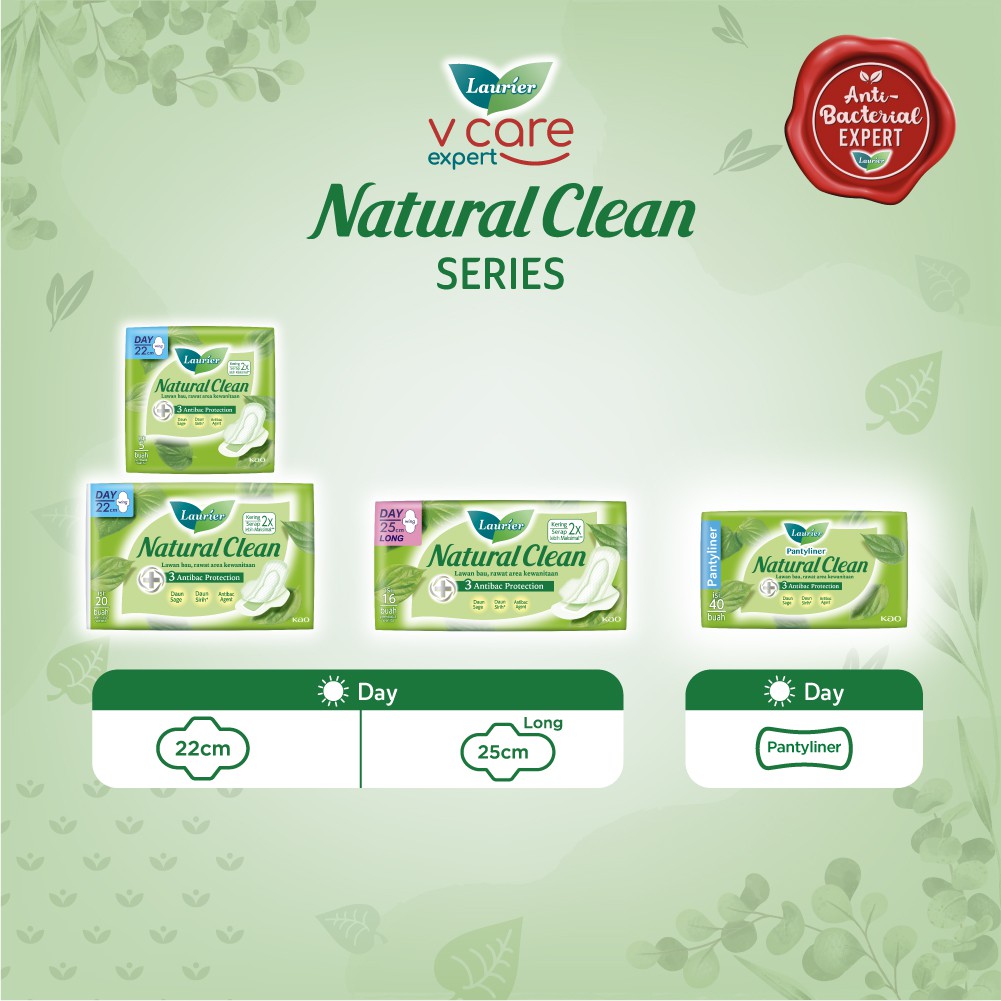 Laurier Natural Clean Pembalut Wanita Daun Sirih Anti Bakteri Day 25cm Wing - Bersih Alami Cegah Bau Isi 16 Buah